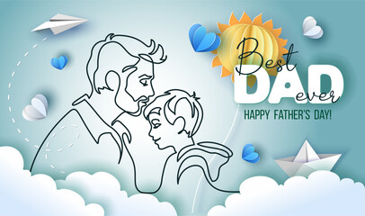Happy Fathers Day holiday card. Dad kisses his son
