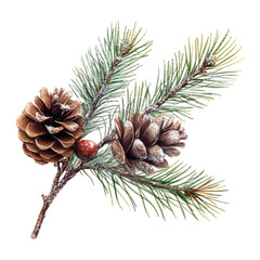 Snow-dusted pine branch with cones and berries