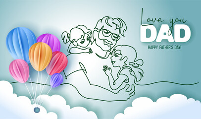 Happy Fathers Day holiday card. Dad happy with his two daughters.