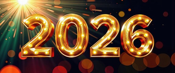 Vibrant New Year 2016 Scene: Festive Lights and Bold Happy New Year. A golden number 2016 with light bulbs on a dark background.