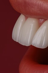 Macro shot of perfect white front teeth and well-groomed lips against a rich burgundy background. 