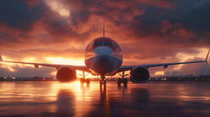 Airplane landing at sunset, low angle view of a commercial jetliner approaching the runway during golden hour, with motion blur effect on the tarmac. : Generative AI
