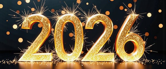 Happy New Year 2026 Celebration: Vibrant Golden Night with Sparkling Fireworks. A golden number 2016 surrounded by sparklers on a black background.