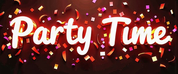 Vibrant Party Scene: Celebrate Happy New Year 2026 with Colorful Confetti and Streamers. A party time sign surrounded by confetti on a dark background.