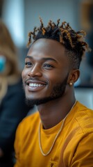 A smiling young man with dreadlocks and a goatee, wearing a mustard yellow shirt