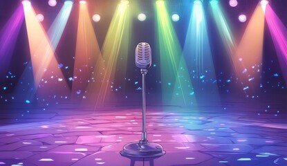 Vintage microphone on a stage bathed in vibrant colorful spotlights