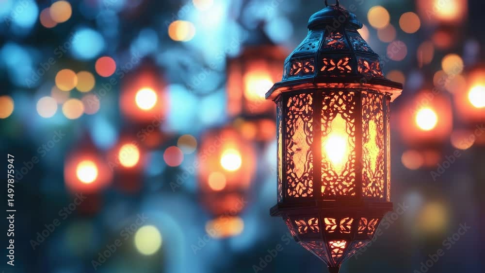 Poster a close-up shot of a lantern with glowing lights in the background, suitable for use in various cont
