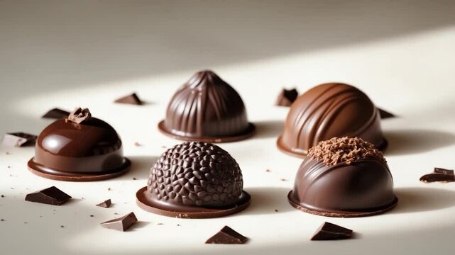 Four dark chocolate pralines arranged on a background.