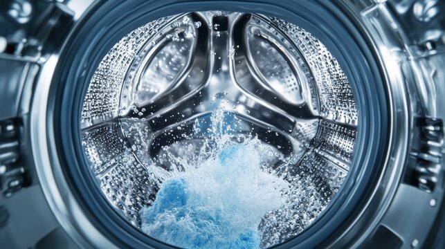 Washing Machine Drum Close-up Water and Detergent Dissolution, Steel Interior, Macro Photography, Laundry Laundry, Washing Machine