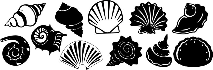 Set of vector seashell icons.Black seashell illustrations in a minimalist style.