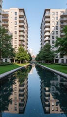 Naklejka premium contemporary apartment buildings reflected in nearby water feature, composed for symmetry and reflection use.