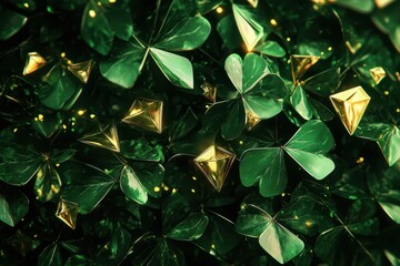 Celebratory Spring: Abstract Green Background Enhanced with Diamonds and Clover Leaves for St. Patrick's Day