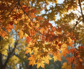 Close-up view of maple leaves, sunlight filtering through branches,  fall,  autumn foliage,  woodland