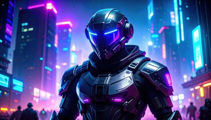 Naklejka premium Futuristic Soldier in Sleek Black Tactical Armor with Neon Highlights