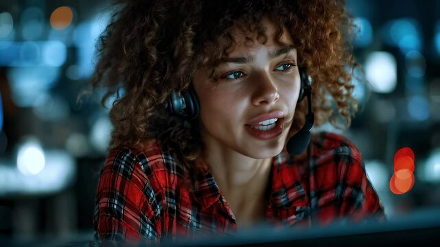 911 call center operator. Focused 911 call center operator listens attentively through headset in dimly lit control room. Emergency service coordination is visible in her expression and surroundings
