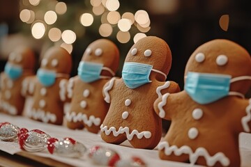 Obraz premium Festive Quarantine: Joyful Gingerbread Men Wearing Masks Celebrate a Safe Christmas Holiday