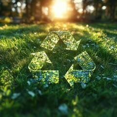 Nature inspires sustainability with a luminous recycling symbol on fresh grass at sunset