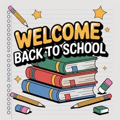 Colorful Back to School Graphic with Stacked Books, Pencils, and Welcome Message for Educational Themes and Child-Friendly Designs