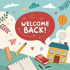 Colorful Welcome Back Message with Illustrations of School Supplies, Clouds, and Playful Elements for Educational Themes and Celebrations