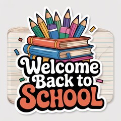 Colorful Welcome Back to School Graphic Featuring Books and Pencils on a Notepad Background for Educational Use