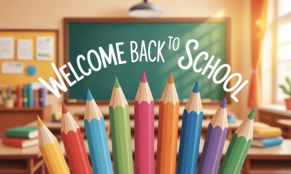 Colorful Pencils and Classroom Scene with Welcome Back to School Sign for Educational Theme and Back-to-School Promotions