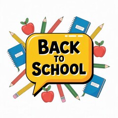 Colorful Back to School Illustration with Pencils, Notebooks, Apples, and Speech Bubble Communicating Educational Excitement for Children and Parents