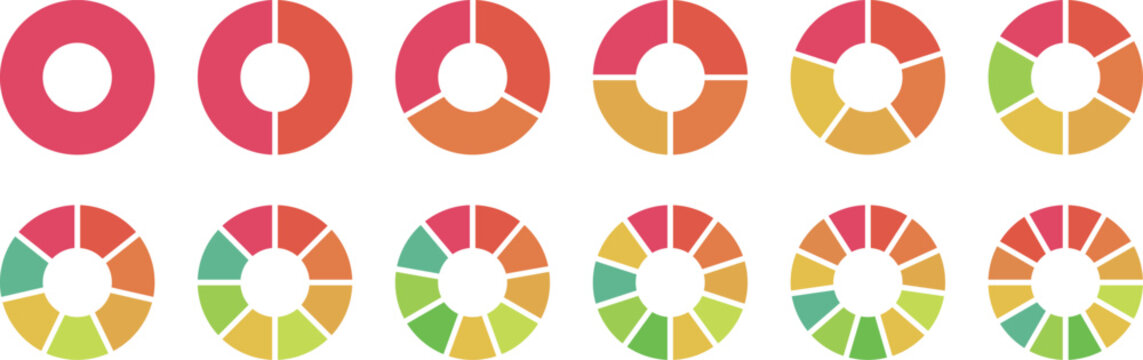 Pie charts diagram set. Circle pie charts 1,2,3,4,5,6,7,8,9,10,11,12 sections. Wheel round segment infographic part.  Circle section graph. Pie charts diagrams. 