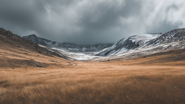 Stormy sky over snowy mountains and dry valley, dramatic moody landscape for wilderness, travel and seasonal visuals - Powered by Adobe