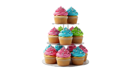 
Detailed image of a three-tier cupcake tower with assorted cupcakes, topped with pink, green, and blue frosting and metallic sprinkles.