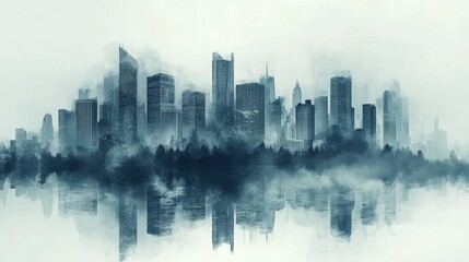 Fototapeta premium Blue And Grey City Skyline Watercolor Painting