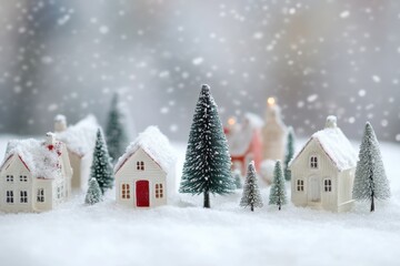 Cheerful Holiday Scene: Cozy Snowy Village with Stylish Trees and Houses for a Modern Christmas Celebration