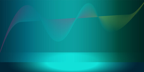 Dark blue green neon gradient background studio. Empty panoramic room with podium or stage. Night tone walls and floor with spotlights for product presentation. 3D scene design.