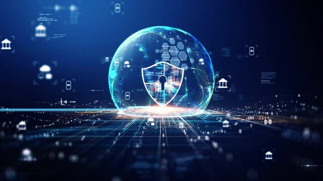 Cyber ​​security concept. Digital glowing shield inside hexagonal patterned sphere in the form of an energy field on a blue background. Symbol of cyber security and financial data protection.