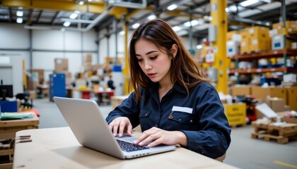 Fototapeta premium A woman is typing on a laptop in a warehouse