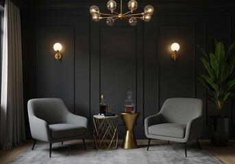 Living room with gray chairs and dark wall panels