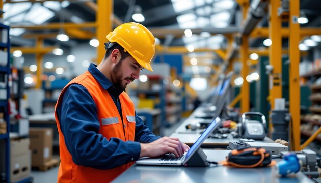 A man in a yellow hard hat is working on a laptop in a factory - Powered by Adobe