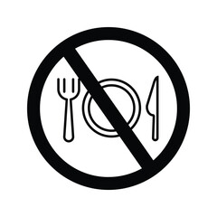 Dinner Plate Icon With Prohibition Sign. Illustration Of Cutlery Consisting Of Fork, Plate And Knife. Symbol Of Prohibited Eating. Not A Place To Eat.