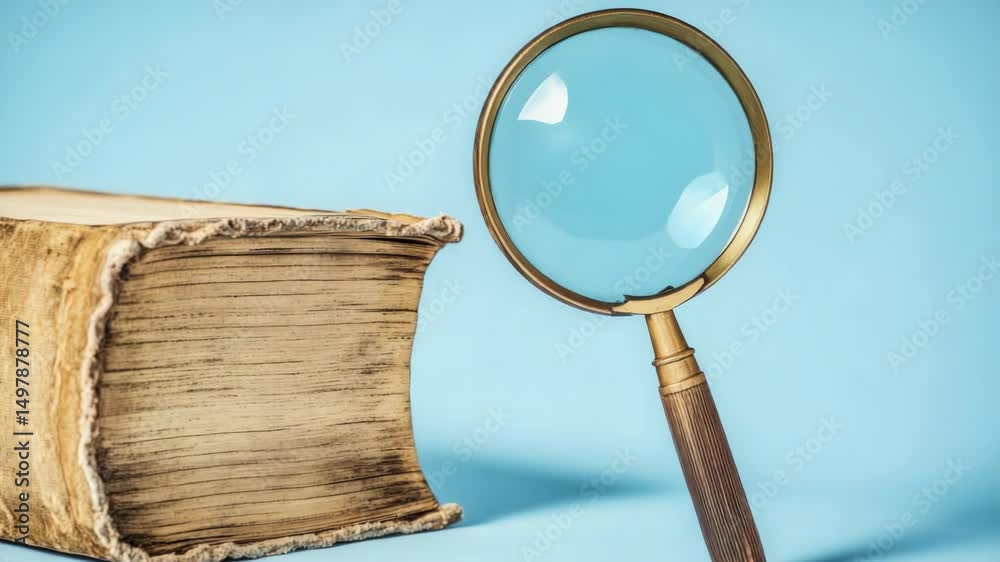 Poster a close-up view of a magnifying glass resting on the cover of an old book, perfect for use in educat