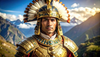 Obraz premium Incan Warrior in Golden Armor Against Majestic Mountain Landscape