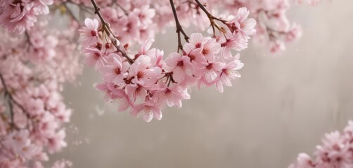 Fototapeta premium Soft pink sakura petals descend against a blurry spring backdrop , seasonal, blurred, pastel colors
