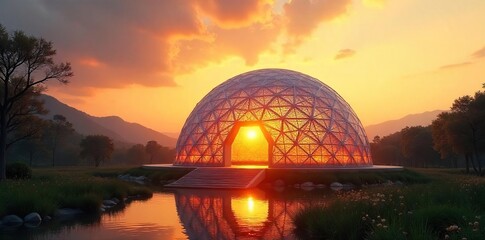 Fototapeta premium A majestic geodesic dome bathed in sunrise, symbolizing spiritual awakening and connection to nature Perfect for meditation, yoga, or wellness themes , clouds, eco-friendly