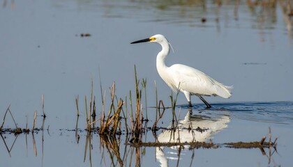 Obraz premium Elegant White Heron Wading Through Iraqi Marshlands at Sunrise