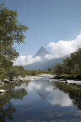 breathtaking view of pik konakh towering majestically over serene river with its reflection perfectly mirrored on