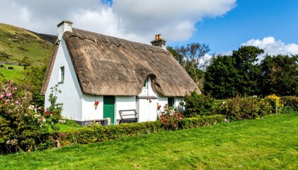 Fototapeta premium Charming Irish Cottage with Thatched Roof Surrounded by Green Landscape