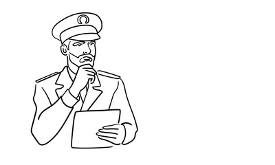 Ship captain in uniform, continious line drawing. Cruise liner, seafarer line art. Vector illustration
