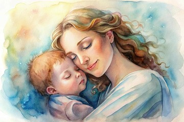 A loving mother happily hugs her sleeping baby. Watercolor illustration	
