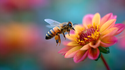 Honey Bee Hovering Over a Vibrant Dahlia Flower