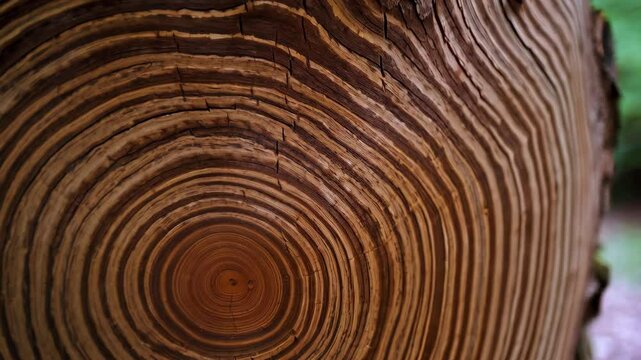 Exposed tree stump showing detailed annual growth rings and bark, marking aging and time passage in a natural woodland setting.