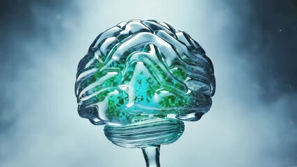 Green energy pulsating inside rotating transparent glass brain, illuminating renewable power and eco conscious innovative thinking against clean background - Powered by Adobe