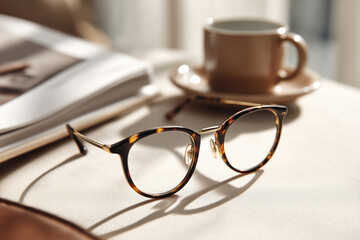 Eye-catching eyewear: Elegant eyeglasses rest alongside a warm cup of coffee and a magazine, casting a soft shadow in a bright setting. 